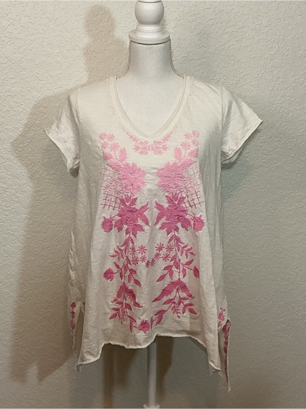 Caite White V-Neck Tunic with Pink Floral Embroidery  (B1)